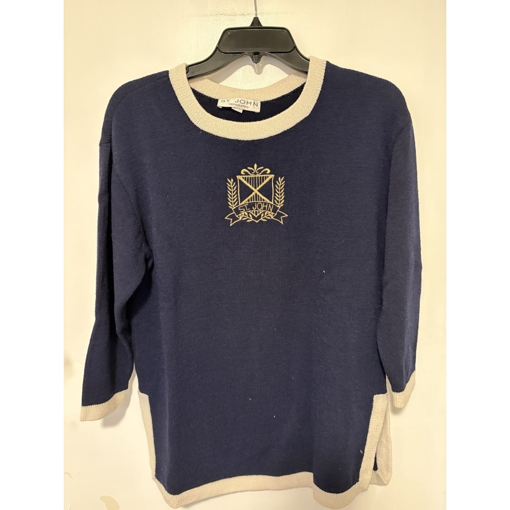 St John Separates Vintage Knit Sweater Embroidered Gold Crest Logo Small USA